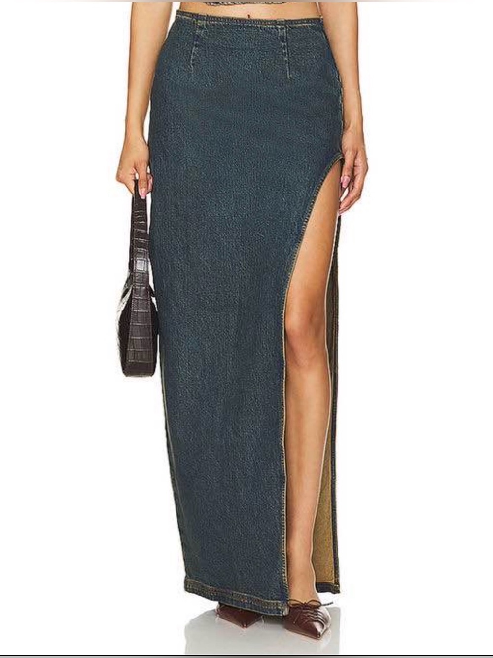 AFRM “Nadia” Denim Maxi Skirt with High Side Slit